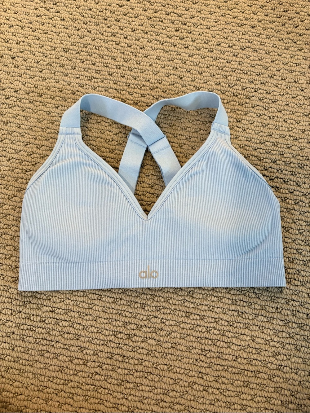 ALO Yoga Light Blue Ribbed V-Neck Crossback Sports Bra
